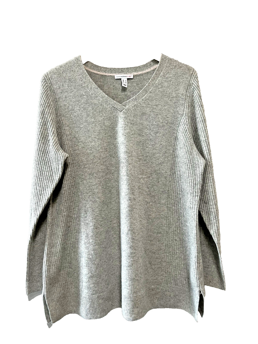 Isaac Mizrahi 100% Cashmere ribbed panel Sweater Relaxed Gray cozy Soft Lux-Sz-L